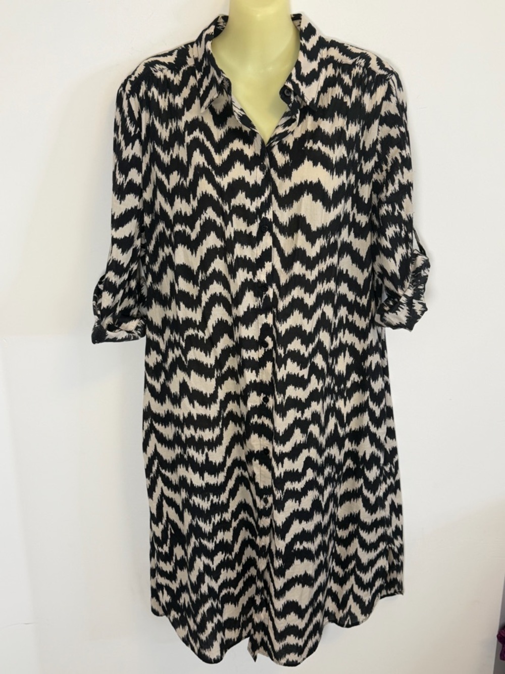 Olsen Black and Cream Print Button Down Dress M/L